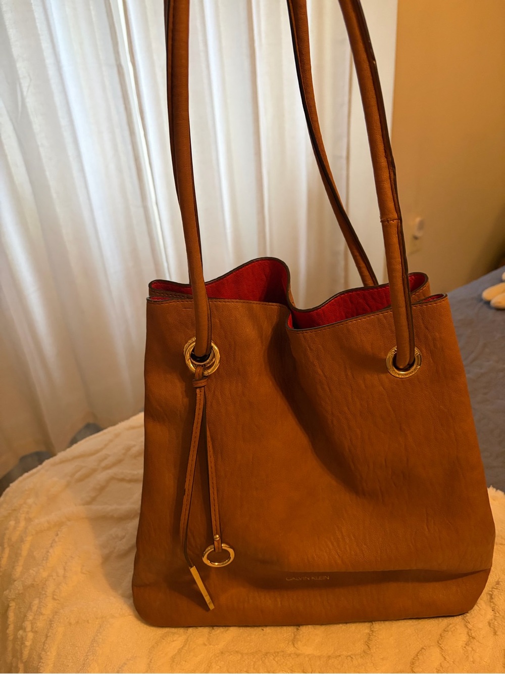Calvin Klein Brown Leather Tote with Red Interior
